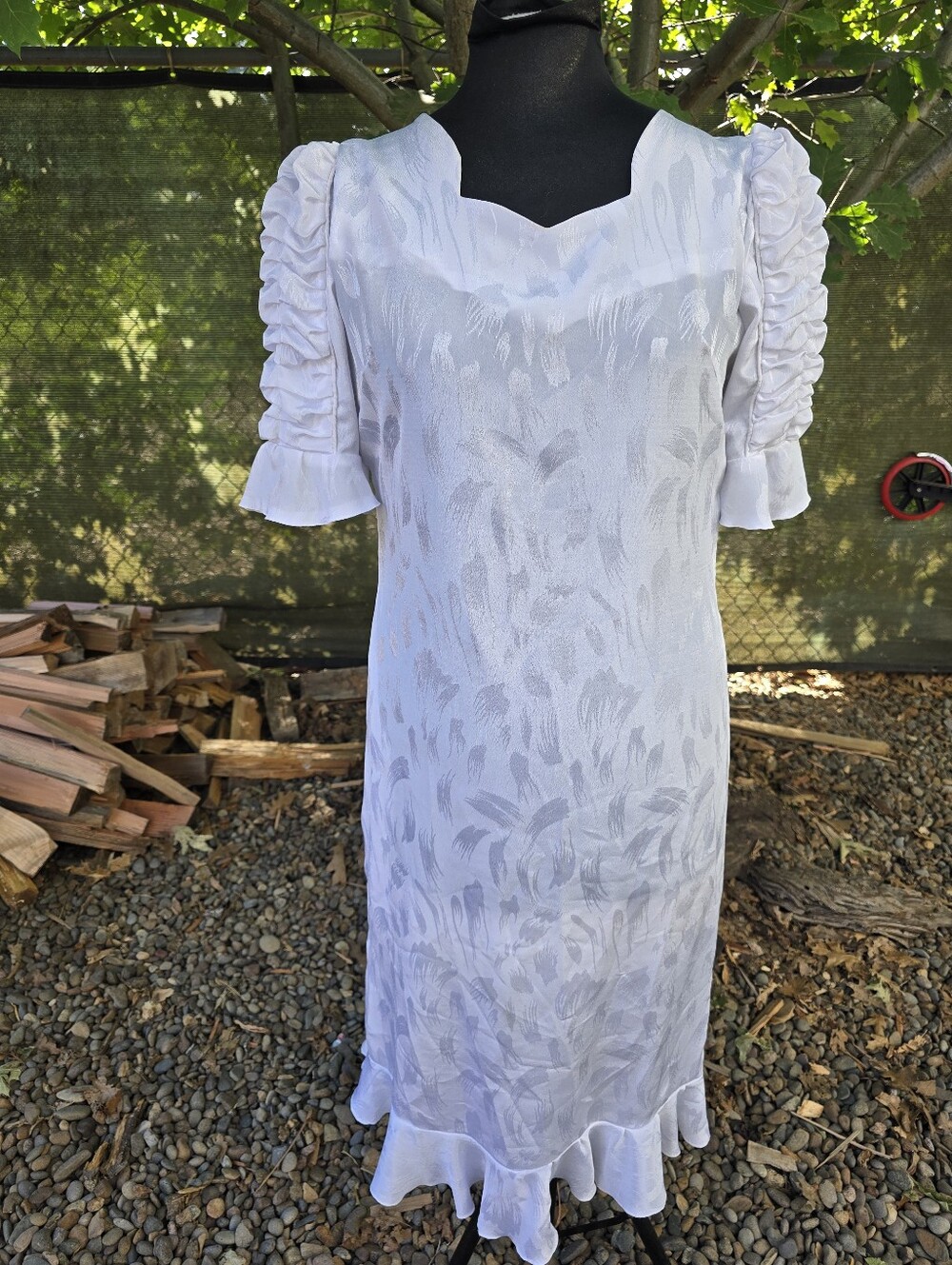 Vtg 70's Satin Brush Stroke Midi Dress Hawaiian Bridal Romantic Pacific Island